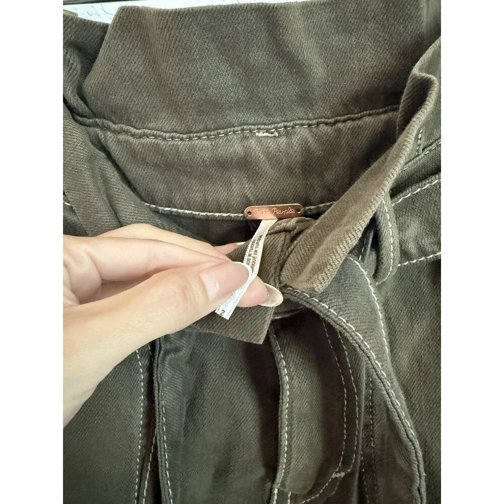 Free People Green Cotton Twill High Rise Belted Mini Skirt Pockets Zip Sz 2